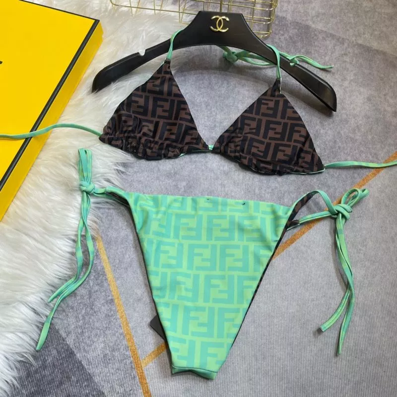 Fendi Reversible Triangular Bikini with Ties Women FF Motif Lycra Brown Green 0115