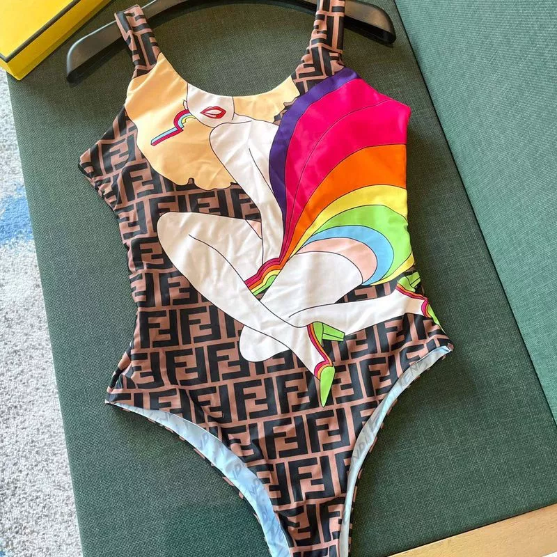 Affordable Fendi Reversible Swimsuit Women Rainbow Girl FF Motif Lycra Brown Sky Blue 0116