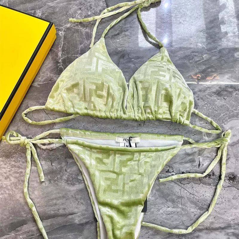 Affordable Fendi Triangular Bikini with Ties Women FF Motif Lycra Green 0116