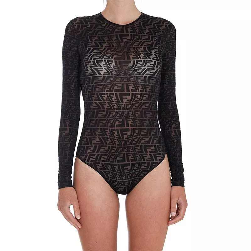 Fendi Bodysuit Women FF Fish-Eye Motif Tulle Black 0115