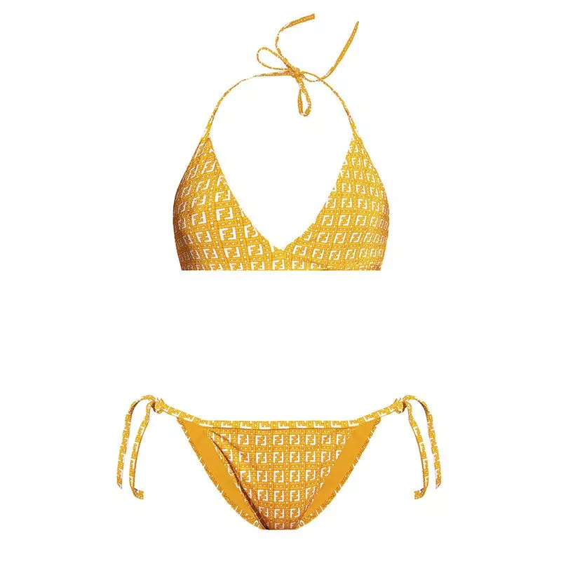 Cheap Fendi Triangle Bikini with Ties Women Jacquard FF Motif Lycra Yellow 0115