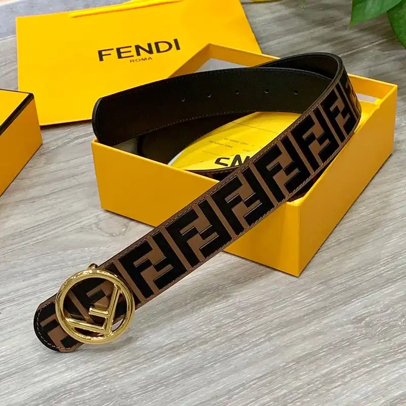 F is Fendi Buckle Reversible Belt In FF Motif Nappa Leather and Calfskin Brown Gold 0123