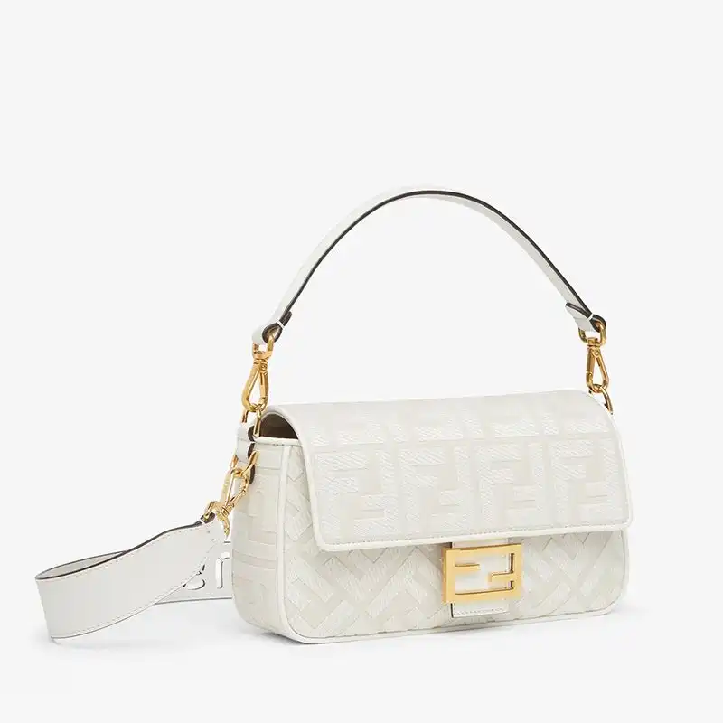 Cheap Fendi Medium Baguette Bag with Laser Cut Strap In FF Motif Canvas White 0126