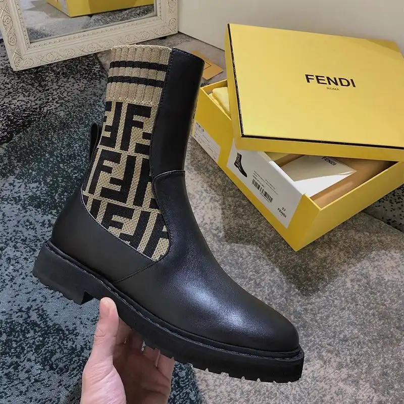 Fendi Rockoko Ankle Boots Women Leather with FF Motif Stretch Fabric Brown 0129