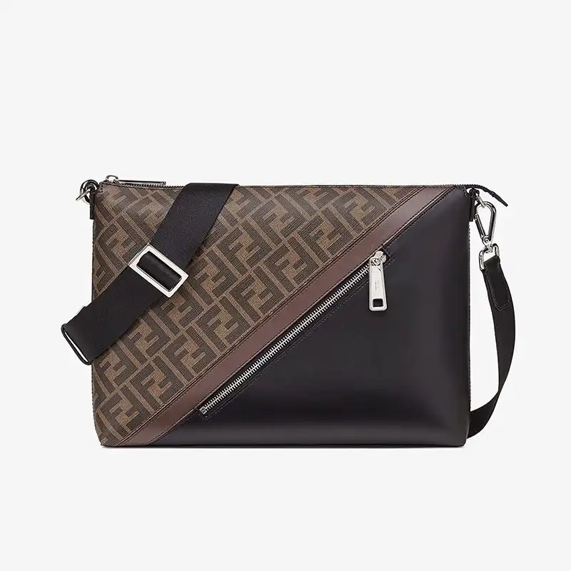 Fendi Slim Messenger Bag In FF Motif Fabric Brown 0126