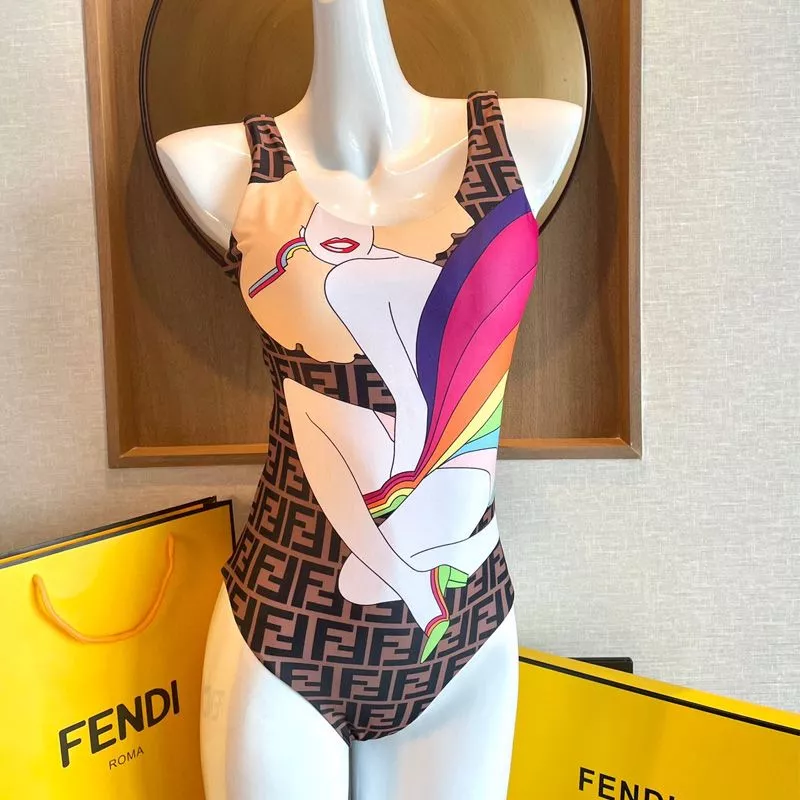 Fendi Reversible Swimsuit Women Rainbow Girl FF Motif Lycra Brown Sky Blue 0116