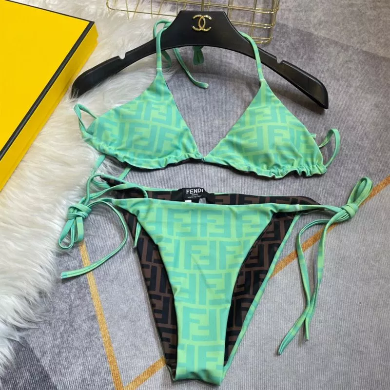 Affordable Fendi Reversible Triangular Bikini with Ties Women FF Motif Lycra Brown Green 0115