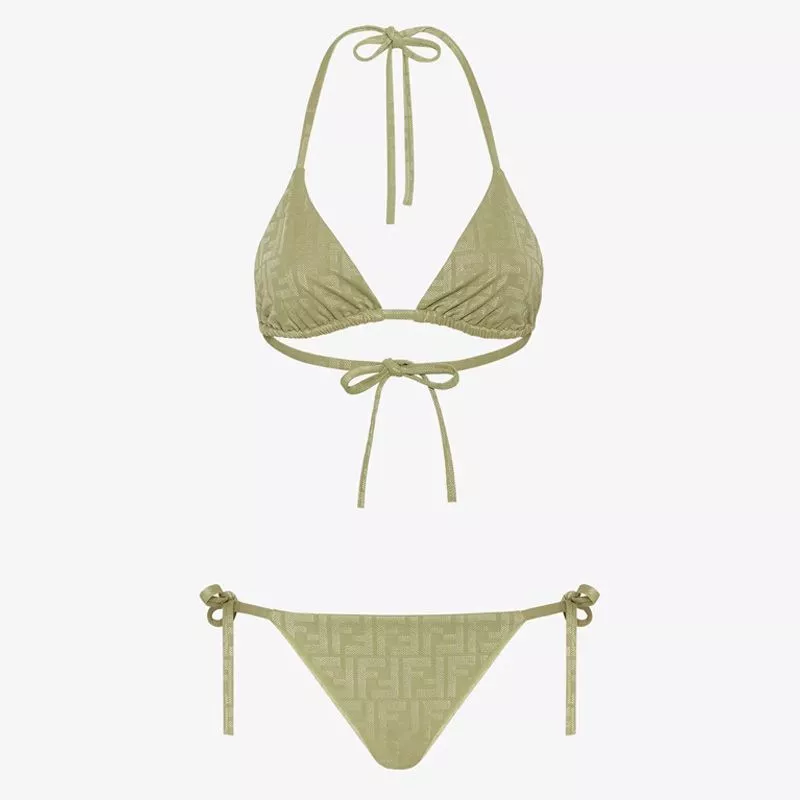 Fendi Triangular Bikini with Ties Women FF Motif Lycra Green 0116