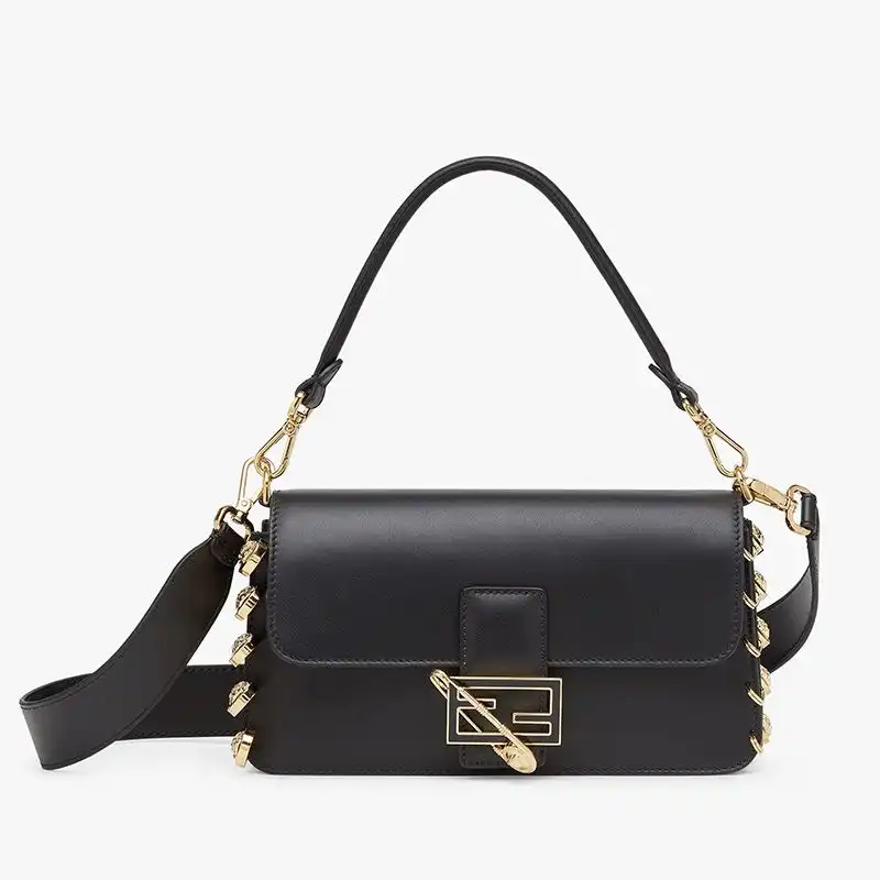 Fendi Medium Baguette Bag In Calf Leather with Fendace Pin Brooches Black 0126