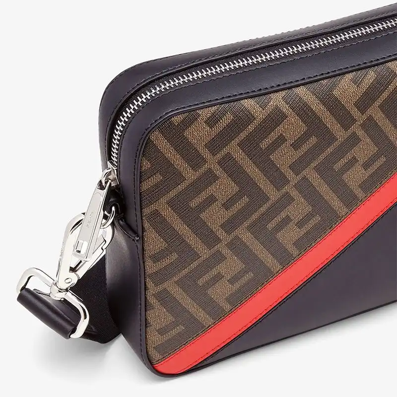 Affordable Fendi Compact Camera Case In FF Motif Fabric Brown Red 0130