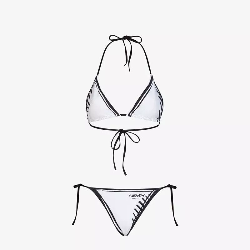 Fendi Triangular Bikini with Ties Women Joshua Vides Motif Lycra White 0115