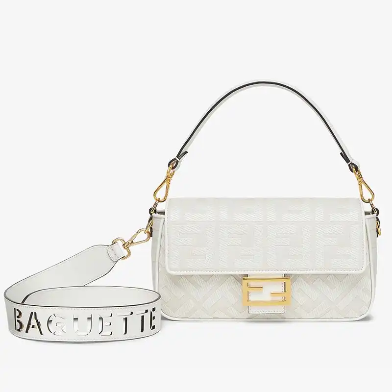 Fendi Medium Baguette Bag with Laser Cut Strap In FF Motif Canvas White 0126