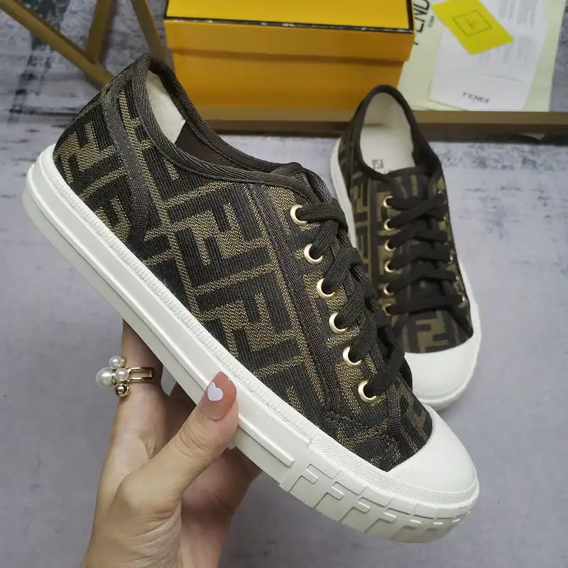 Fendi Domino Sneakers Unisex FF Motif Fabric Brown 0125