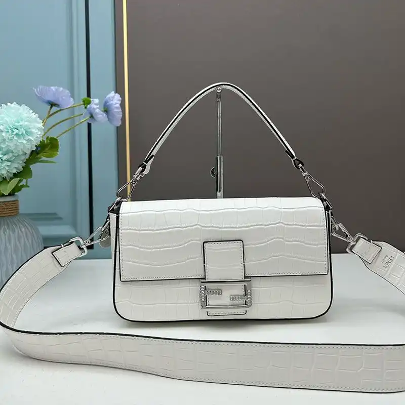 Fendi Medium Baguette Re-Edition Bag In Crocodile Leather White 0128