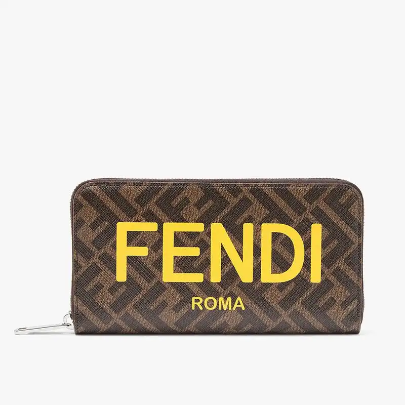 Fendi Zip Around Wallet In ROMA Logo FF Motif Fabric Brown 0131