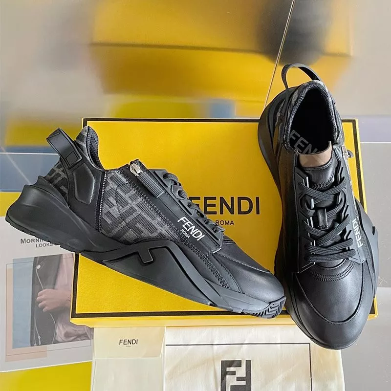 Fendi Flow Sneakers Men Leather and FF Motif Fabric Black 0120