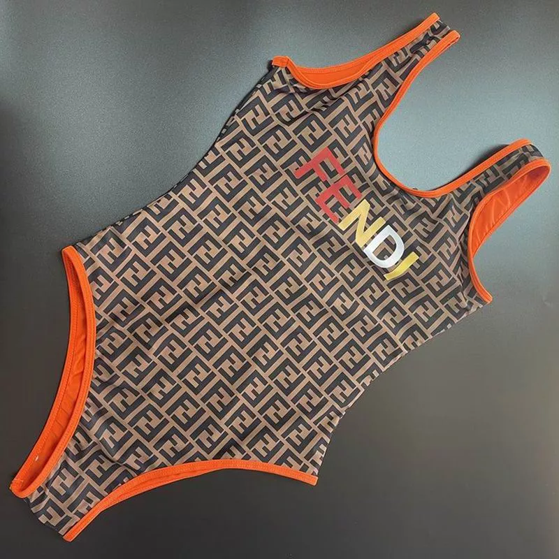 Fendi Swimsuit Women Logo FF Motif Lycra Brown Orange 0116