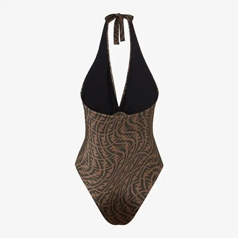 Cheap Fendi Halterneck Swimsuit Women FF Vertigo Motif Lycra Brown 0201