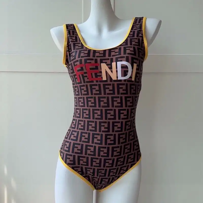 Fendi Swimsuit Women Logo FF Motif Lycra Brown Yellow 0201