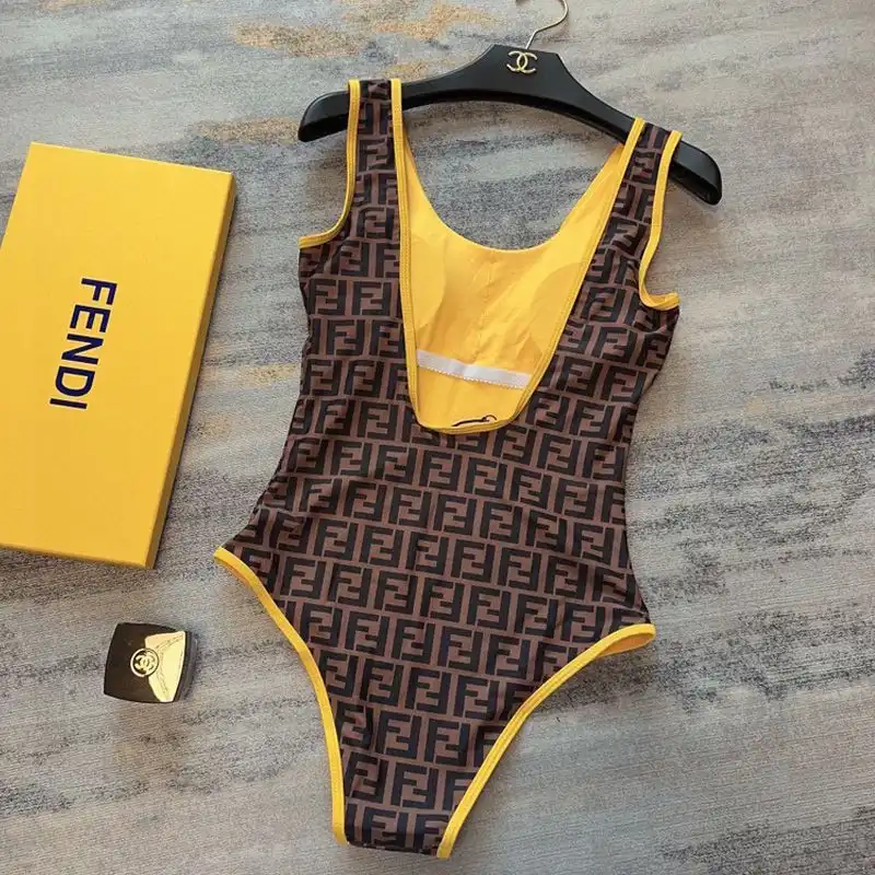 Affordable Fendi Swimsuit Women Logo FF Motif Lycra Brown Yellow 0201