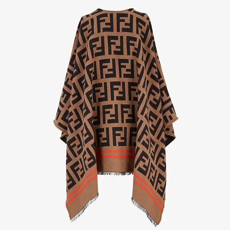 Cheap Fendi Poncho In FF Motif Wool and Silk Brown 0202