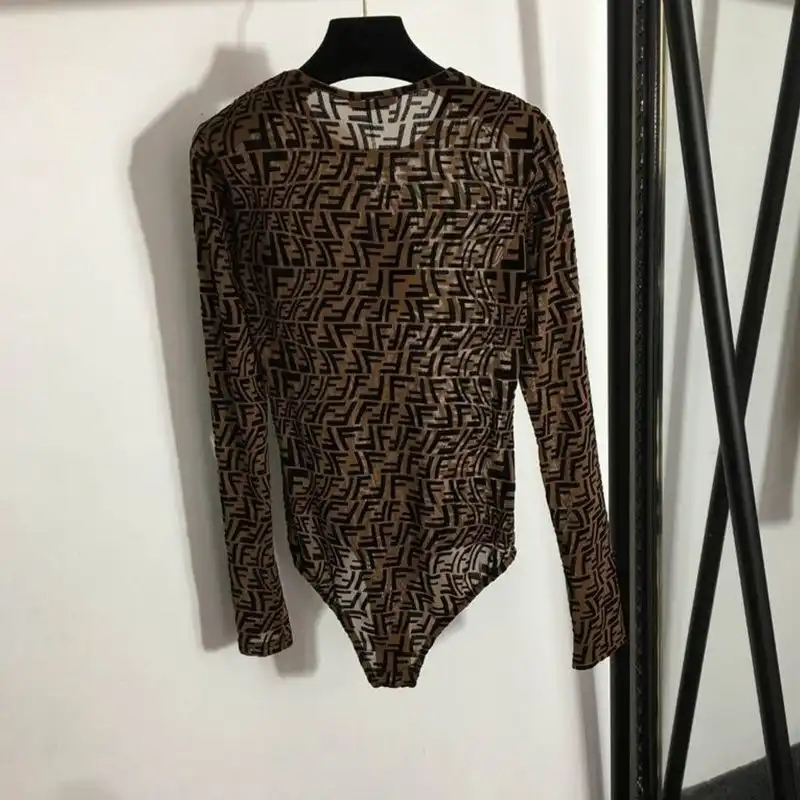 Affordable Fendi Bodysuit Women FF Fish-Eye Motif Tulle Brown 0205