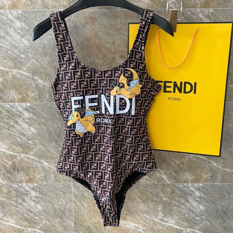 Fendi Swimsuit Women Pokmon Dragon FF Motif Lycra Brown Yellow 0205