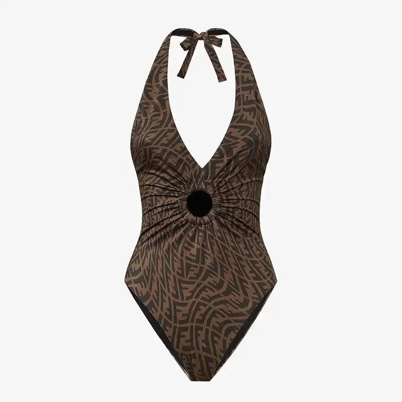 Cheap Fendi Halterneck Swimsuit Women FF Vertigo Motif Lycra Brown 0201