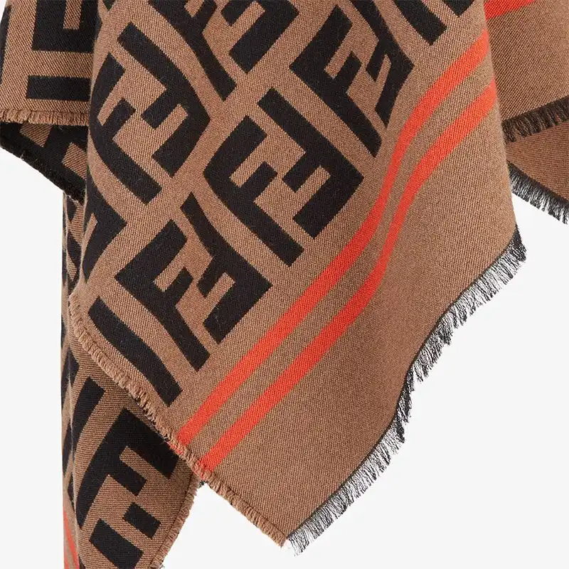 Cheap Fendi Poncho In FF Motif Wool and Silk Brown 0202