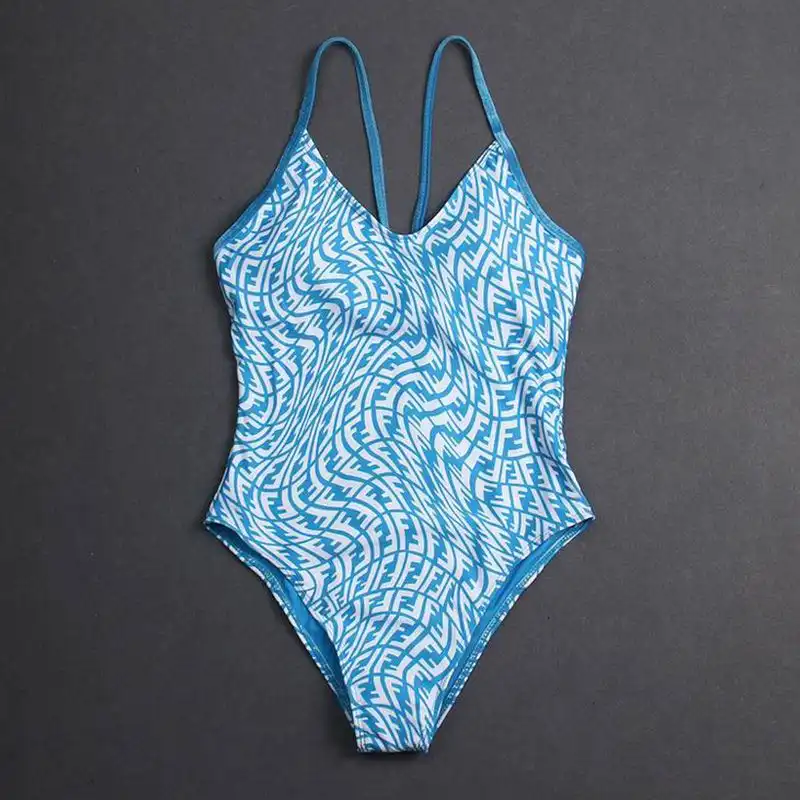 Cheap Fendi Crisscross Swimsuit Women FF Vertigo Motif Lycra Sky Blue 0201