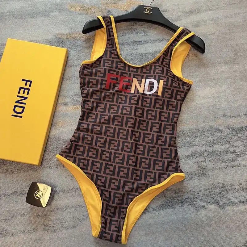 Affordable Fendi Swimsuit Women Logo FF Motif Lycra Brown Yellow 0201