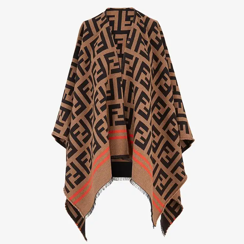 Fendi Poncho In FF Motif Wool and Silk Brown 0202