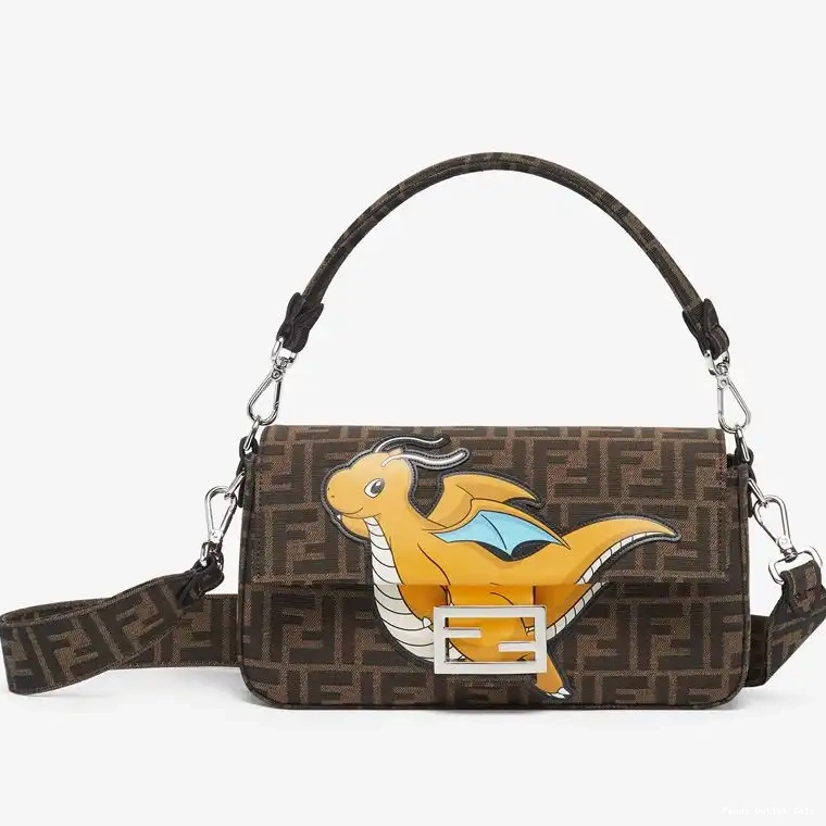 Cheap Fendi Motif Brown In Yellow Fabric Medium Dragon Bag Baguette Pokmon FF 0303