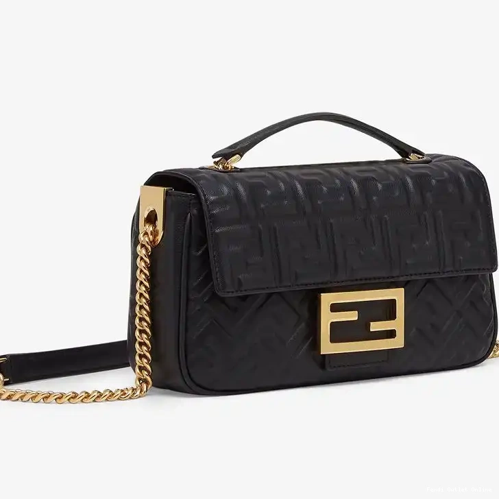 Affordable FF Midi Leather Fendi Black Nappa Chain Baguette In Motif Bag 0304