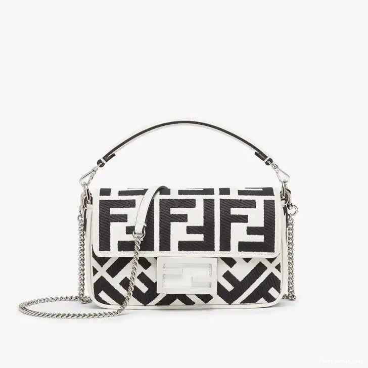 FF White Motif Bag In Canvas Baguette Black Mini Fendi 0311