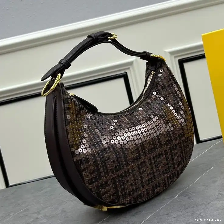 Cheap Brown Hobo In Fendi FF Motif Fendigraphy with Small Sequins Fabric Bag 0319